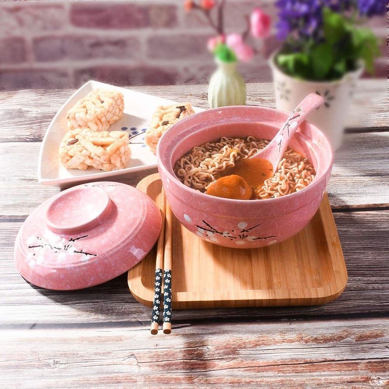 Whitenesser Ceramic Ramen Bowls with lids Japanese Big Porcelain Instant Noodle Bowl with Lid for Soup Rice and Porridge Pink - Image 5